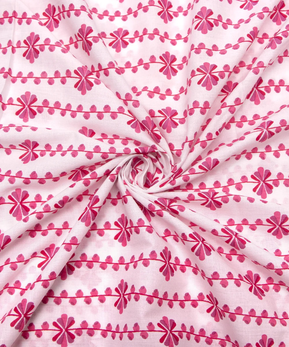 Jaipuri Screen Printed White & Pink Pure Cotton Fabric