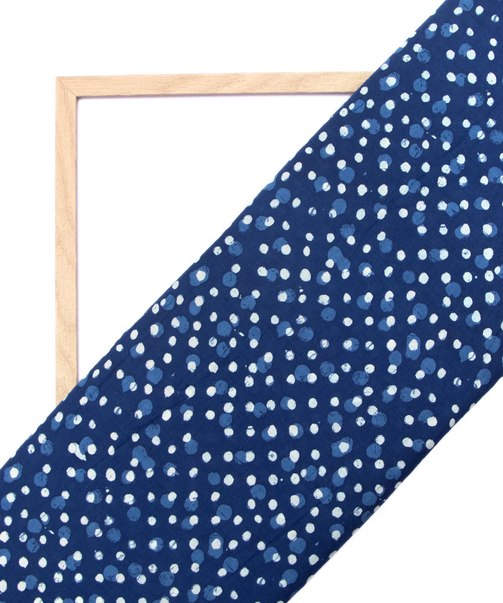 Jaipuri Screen Printed Indigo Blue Polka Dot Pure Cotton Fabric