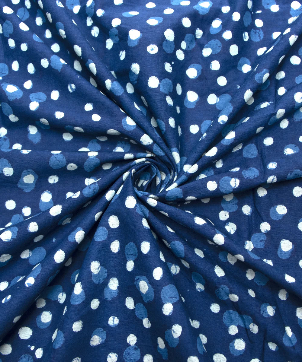 Jaipuri Screen Printed Indigo Blue Polka Dot Pure Cotton Fabric