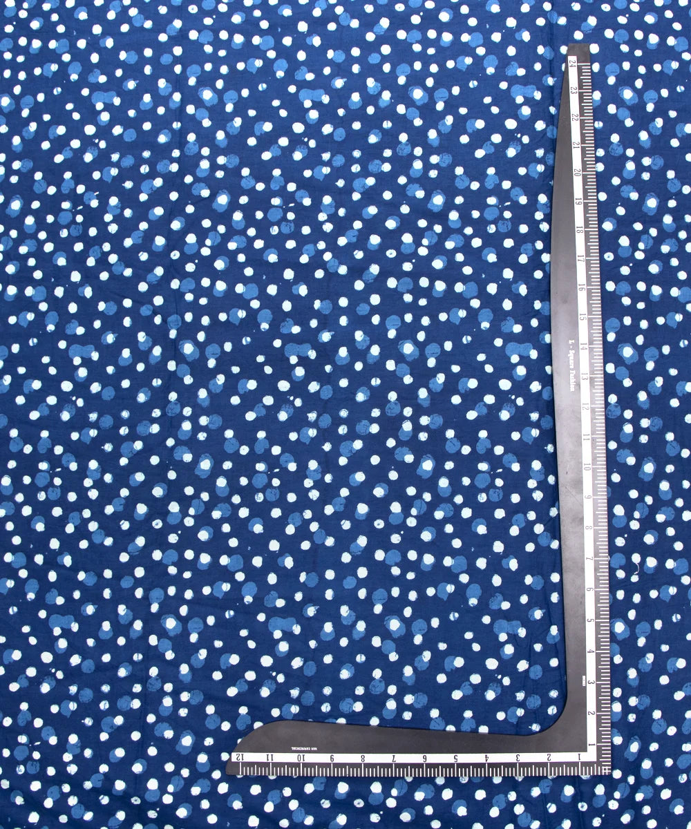 Jaipuri Screen Printed Indigo Blue Polka Dot Pure Cotton Fabric