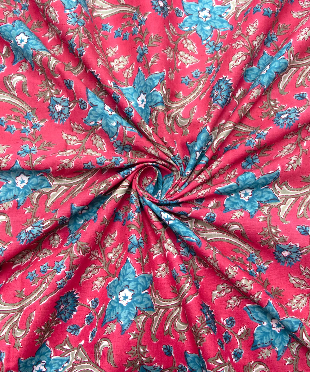 Jaipuri Screen Printed Pink Floral Pure Cotton Fabric