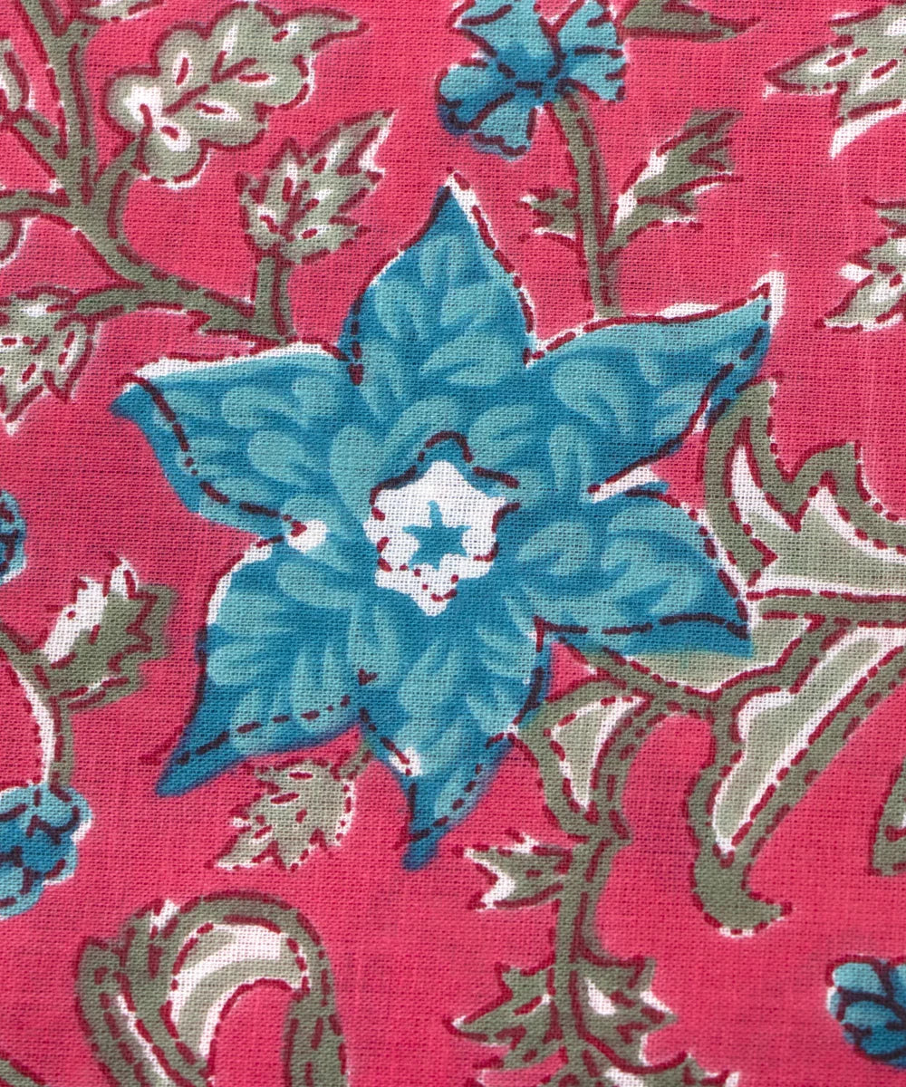 Jaipuri Screen Printed Pink Floral Pure Cotton Fabric
