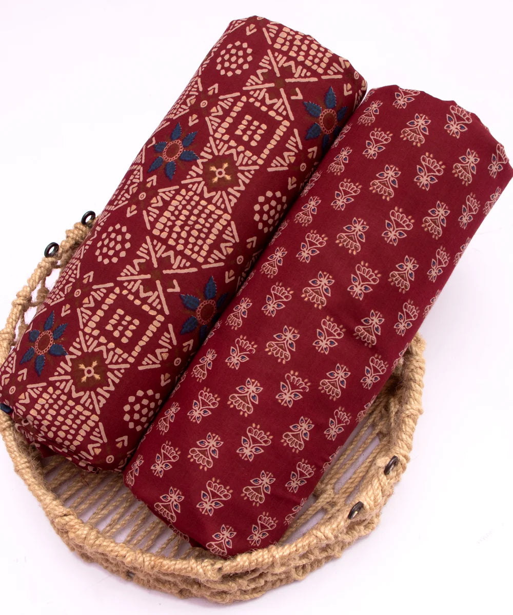 Screen Maroon Printed Pure Cotton Fabric Set  ( Top and bottom 2.5 meter each )