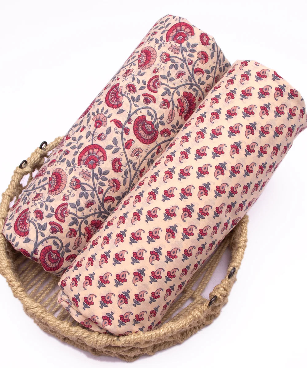 Screen Light Beige Floral Butti Printed Pure Cotton Fabric Set  ( Top and bottom 2.5 meter each )