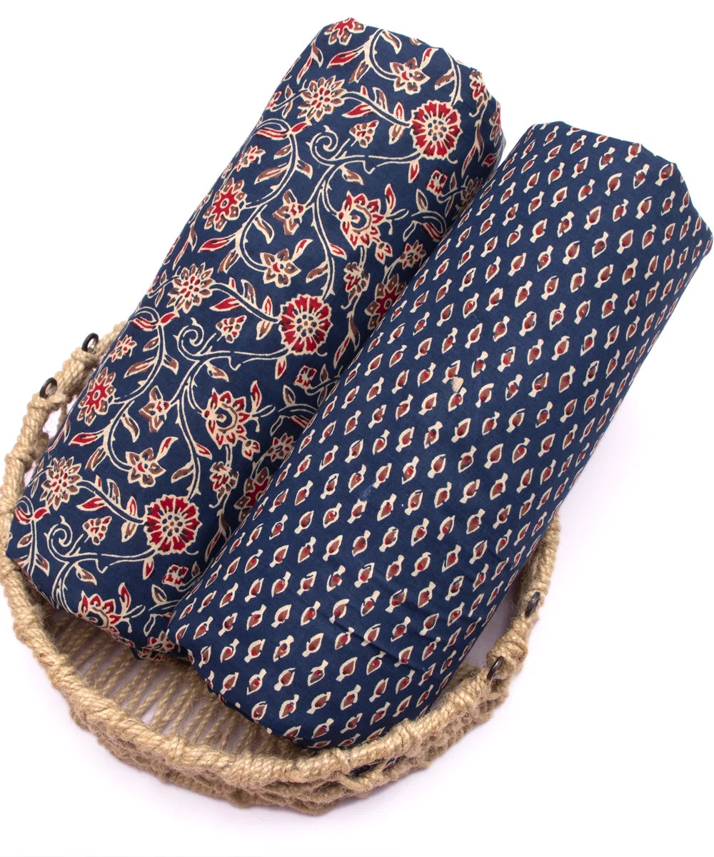 Screen Blue Ajrakh Look Printed Pure Cotton Fabric Set ( Top and bottom 2.5 meter each )