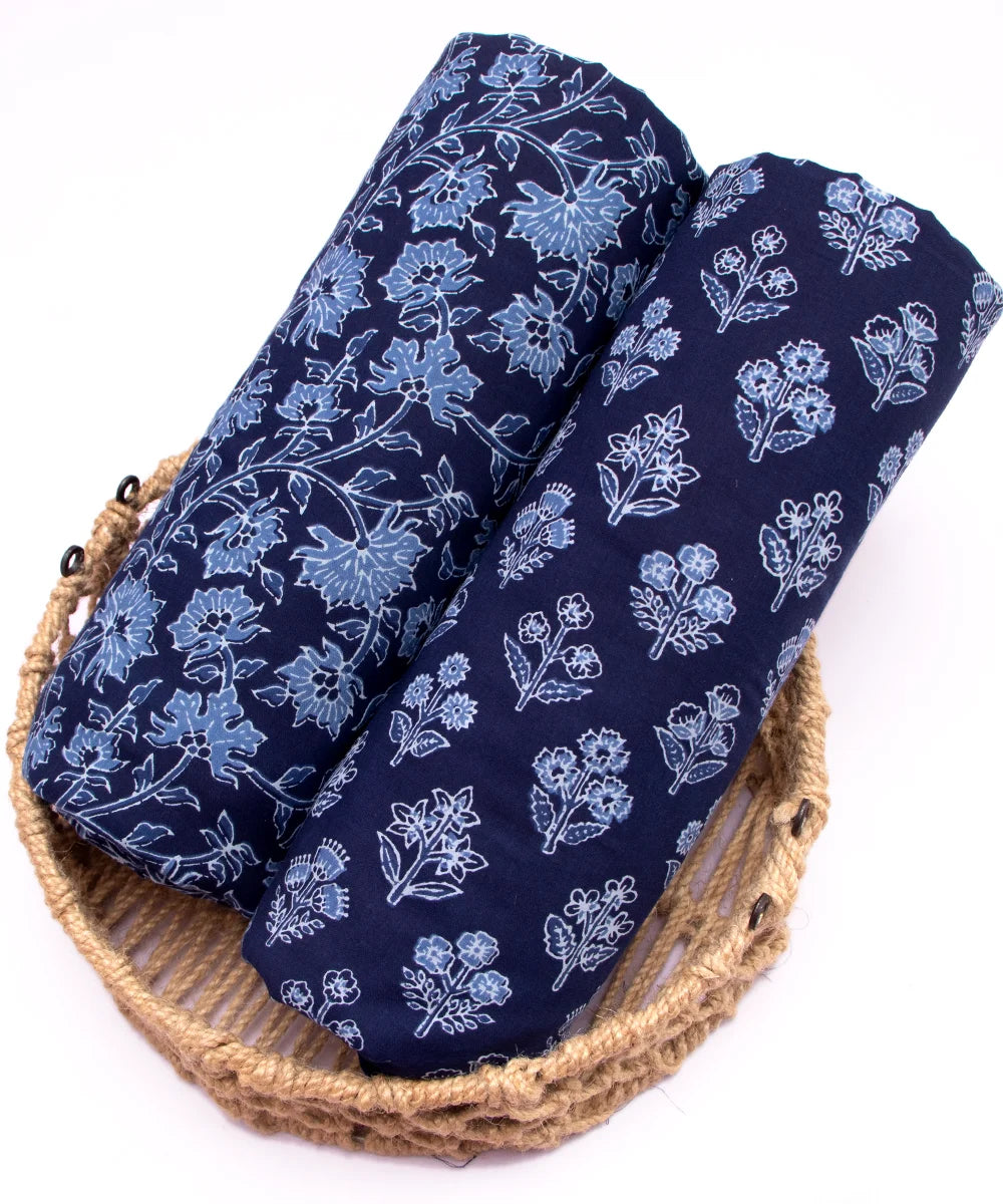 Screen Dark Blue Printed Pure Cotton Fabric Set  ( Top and bottom 2.5 meter each )