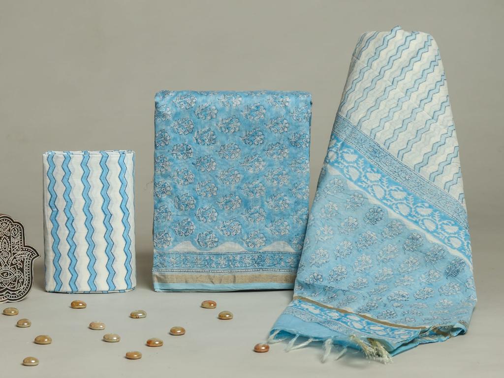 Handblock Light Blue Floral Printed Chanderi Silk Salwar Suit Sets