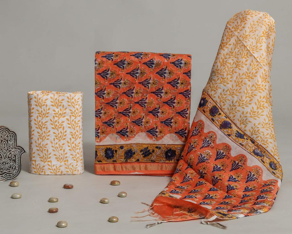 Handblock Orange Butti Printed Chanderi Silk Salwar Suit Sets