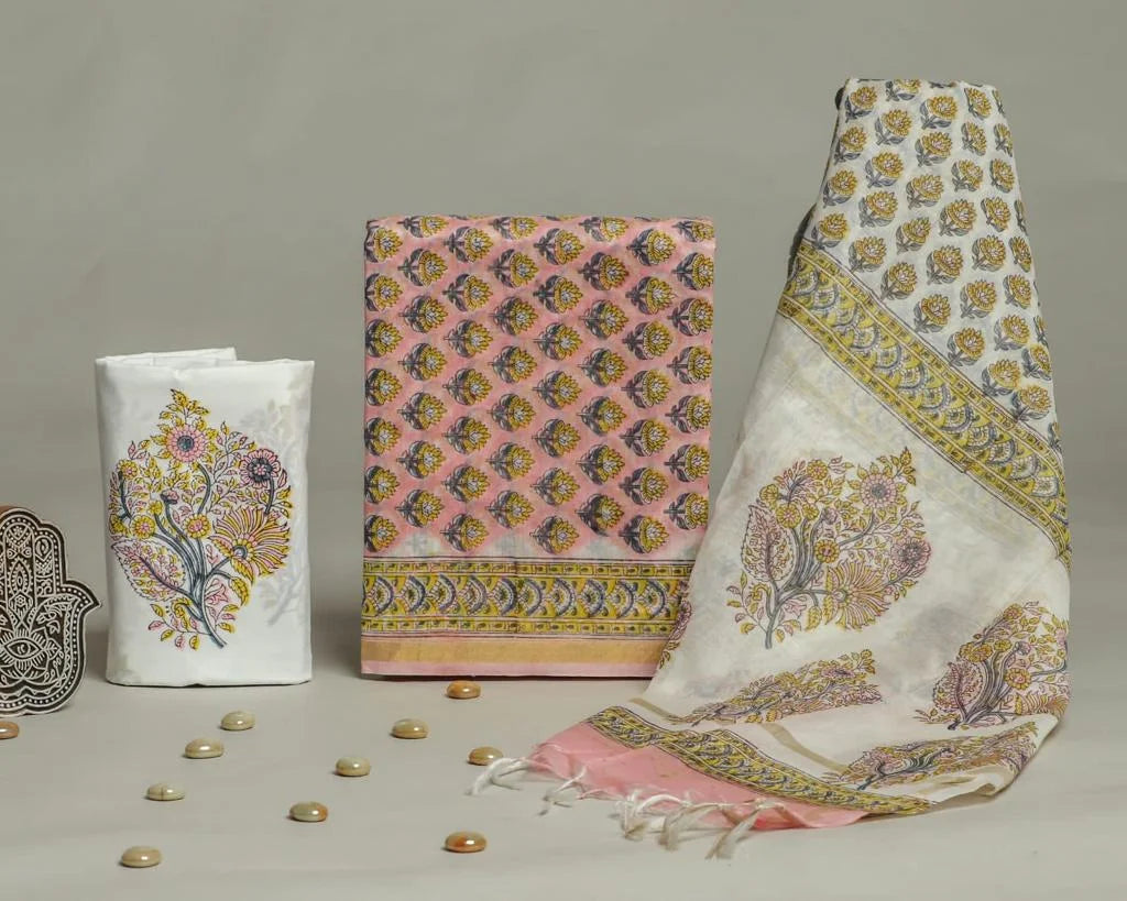 Handblock Peach Butti Printed Chanderi Silk Salwar Suit Sets