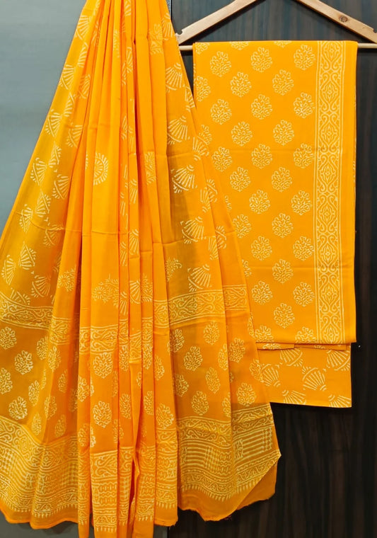 Screen Printed Bright Yellow Butta Cotton Salwar Suit With Mulmul Dupatta