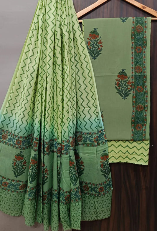 Screen Green Cotton Salwar Suit With Mulmul Dupatta