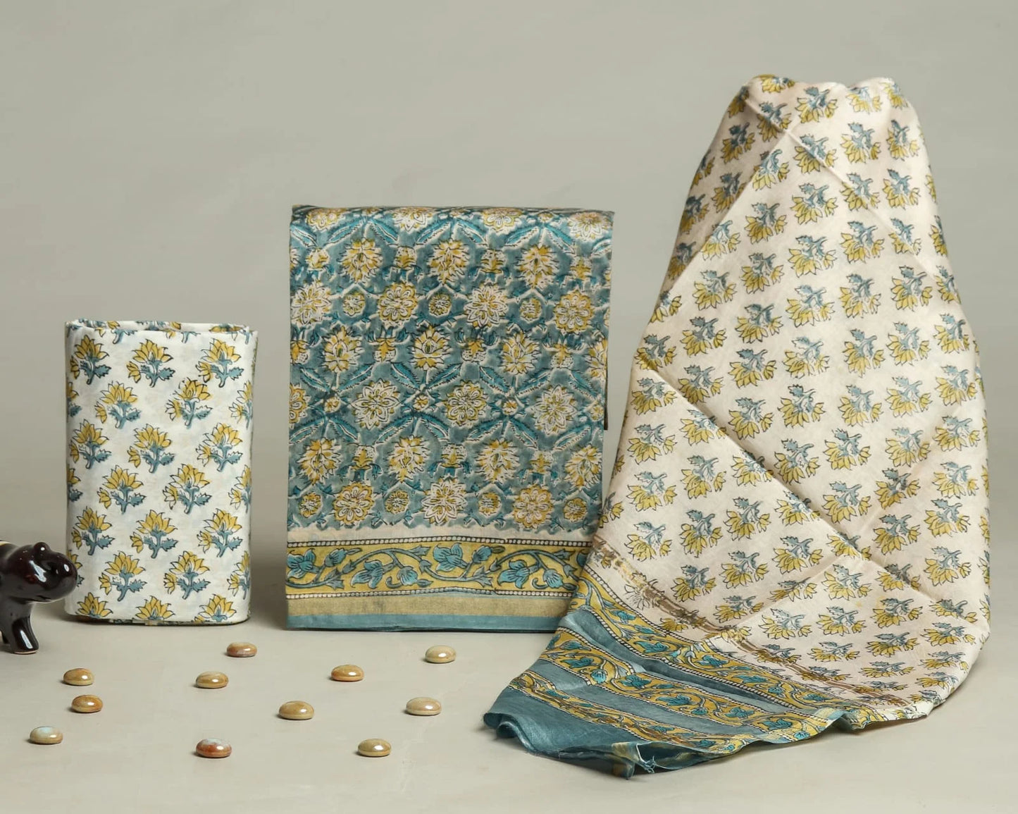 Handblock Blue Floral Printed Chanderi Silk Salwar Suit Sets
