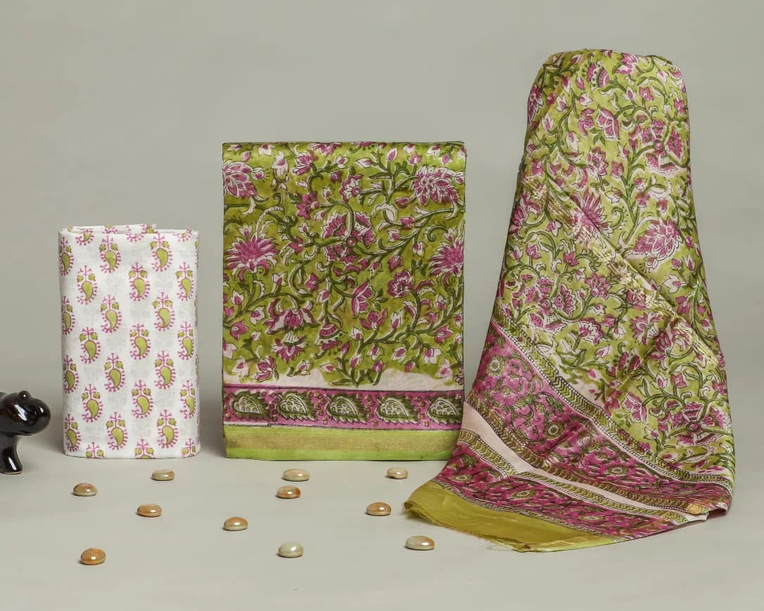 Handblock Green Floral Printed Chanderi Silk Salwar Suit Sets