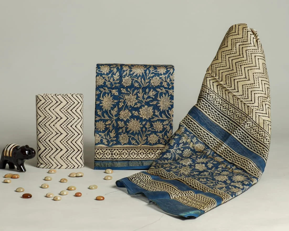 Handblock Blue Floral Printed Chanderi Silk Salwar Suit Sets
