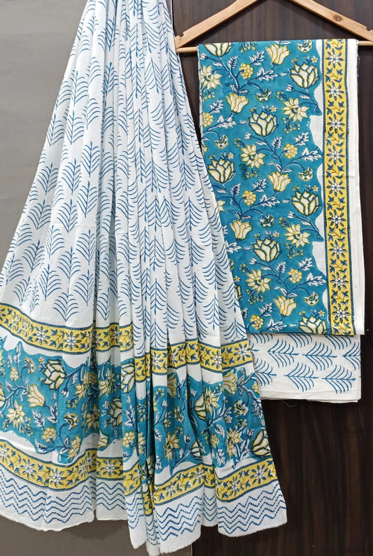 Screen turquoise blue Cotton Salwar Suit With Mulmul Dupatta