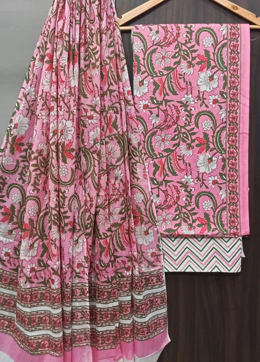 Screen Printed Peach Floral Cotton Salwar Suit With Mulmul Dupatta
