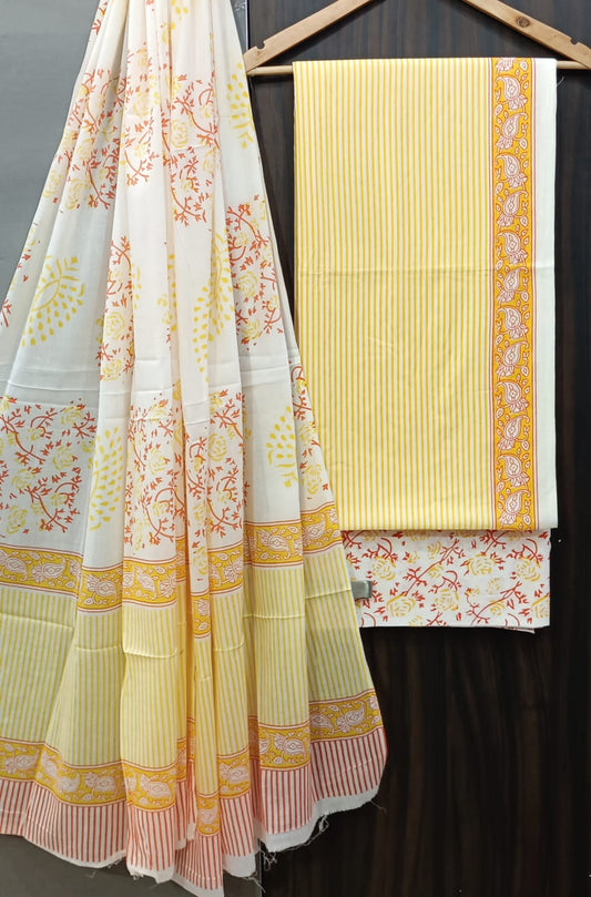 Screen Printed yellow Stripe Cotton Salwar Suit With Mulmul Dupatta