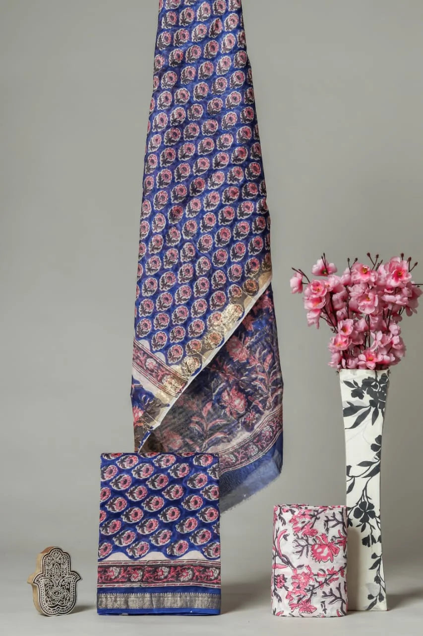 Handblock Floral Butti Printed Maheshwari Silk Salwar Suit Sets