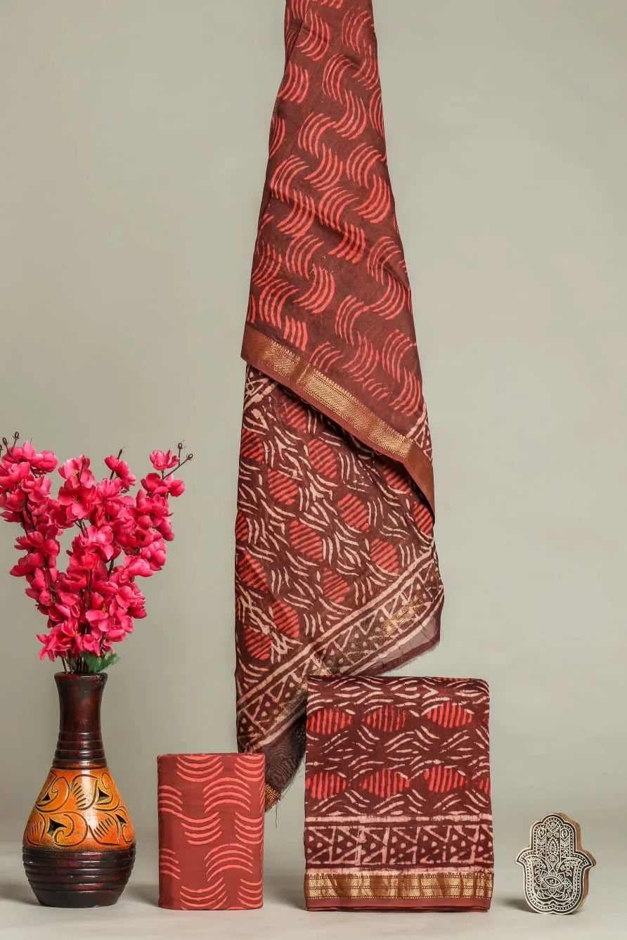 Handblock Printed Floral Maroon Maheshwari Silk Salwar Suit Sets