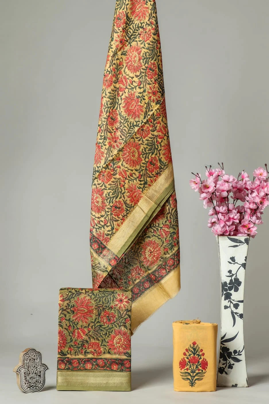 Handblock Floral Green Printed Jaal Maheshwari Silk Salwar Suit Sets