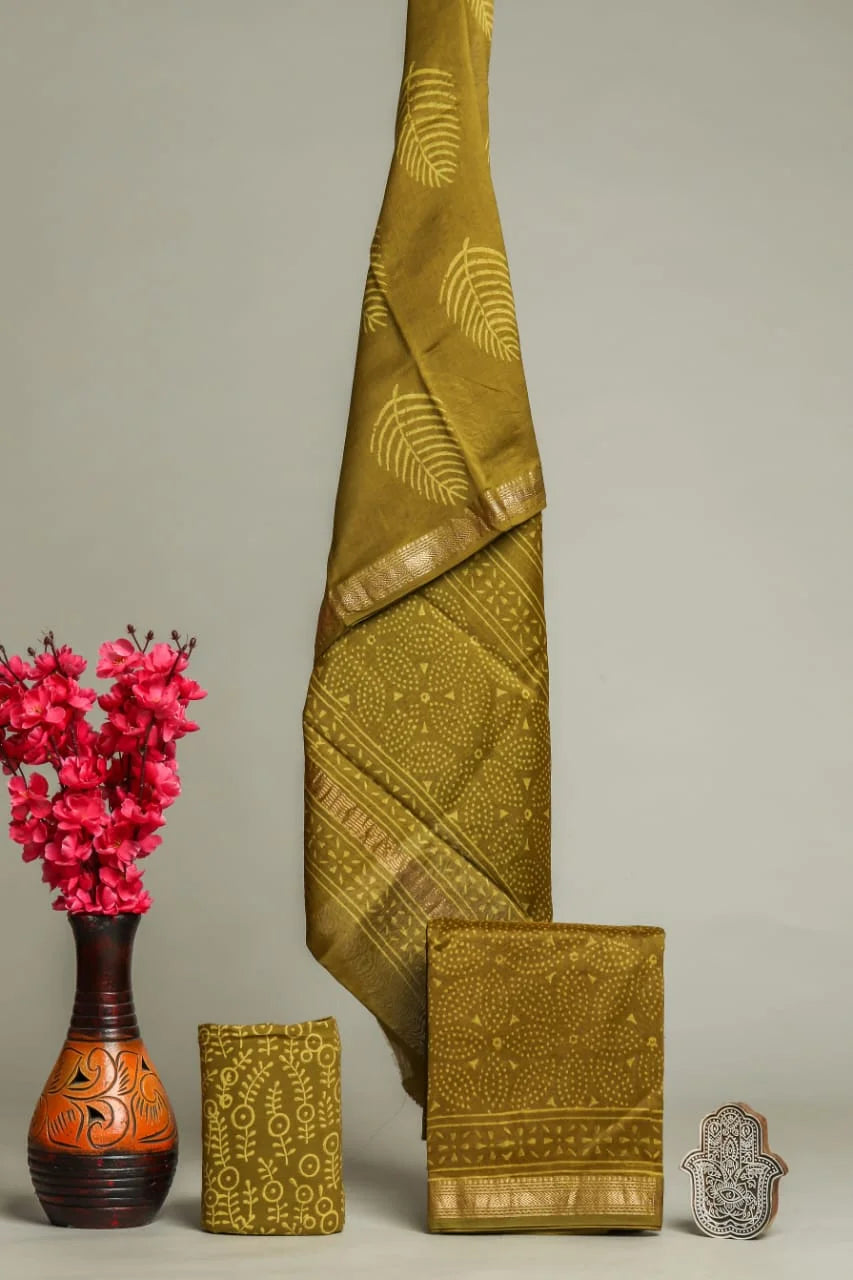 Handblock Printed Floral Green Maheshwari Silk Salwar Suit Sets