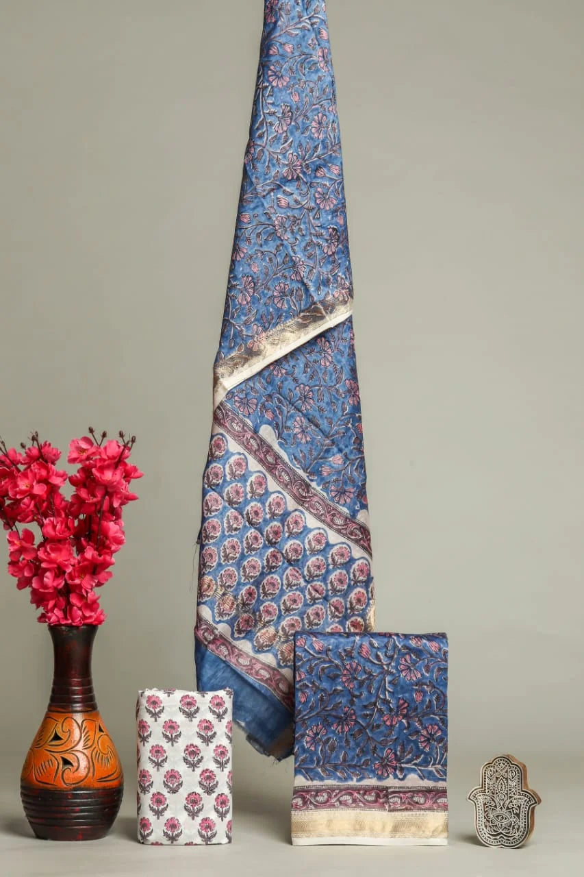 Handblock Blue Floral Printed Maheshwari Silk Salwar Suit Sets