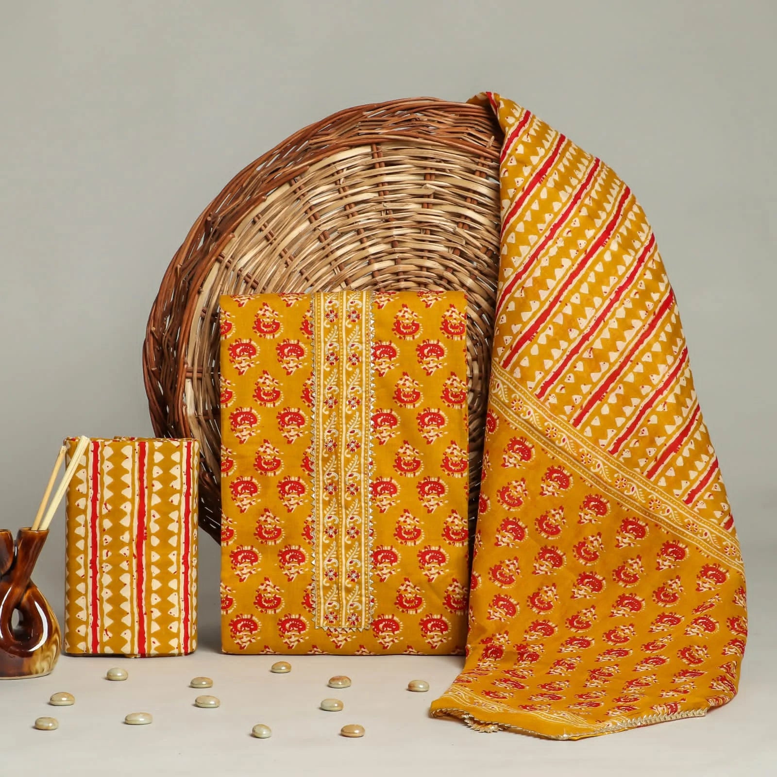 Handwork Gota Lace Printed Mustard Cotton Salwar Suit With Mulmul Dupatta
