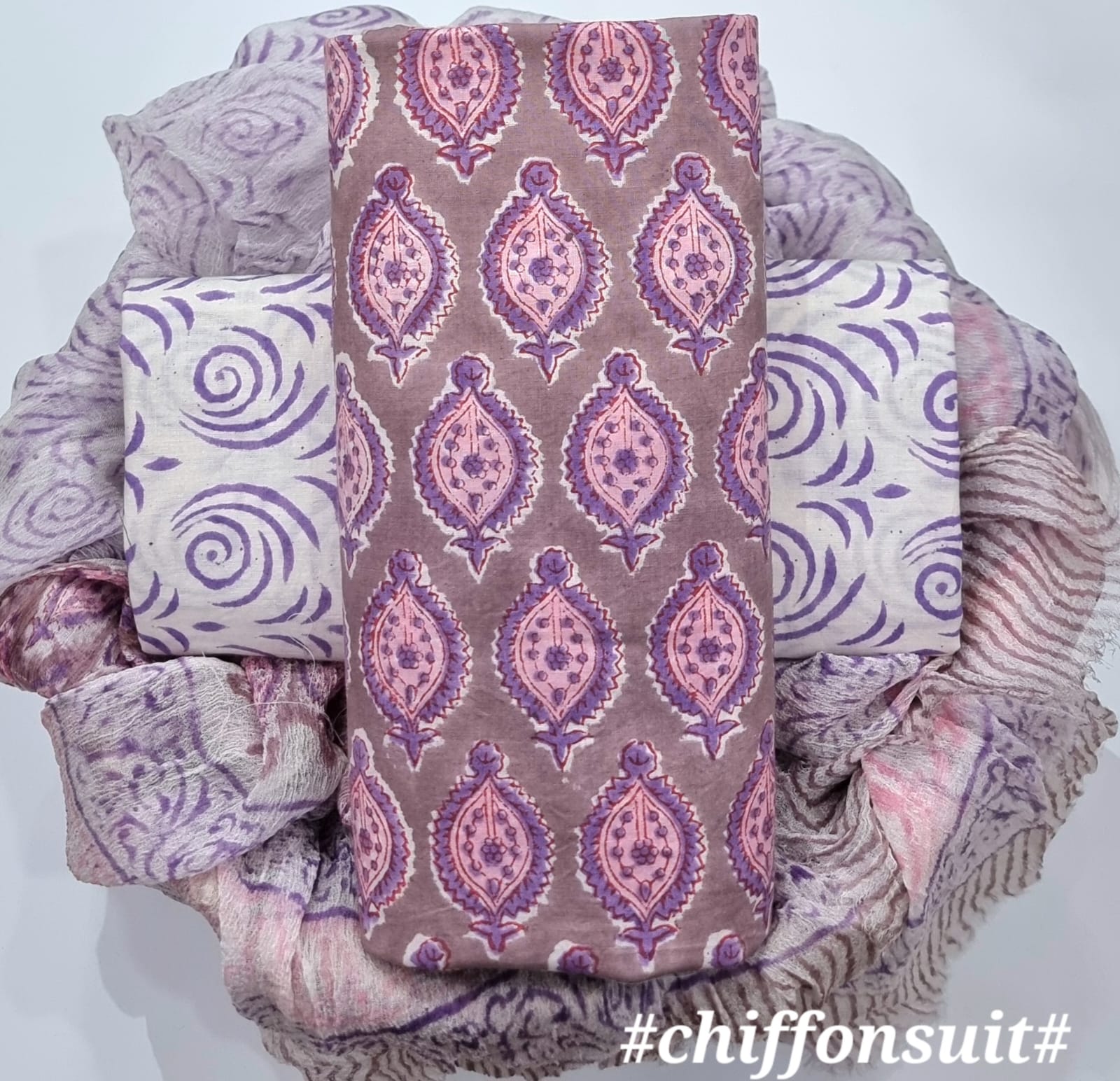 Handblock Printed Cotton Salwar Suit With Chiffon Dupatta