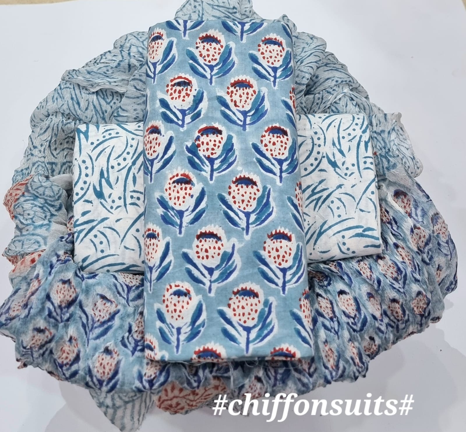 Handblock Printed Light Blue Cotton Salwar Suit With Chiffon Dupatta