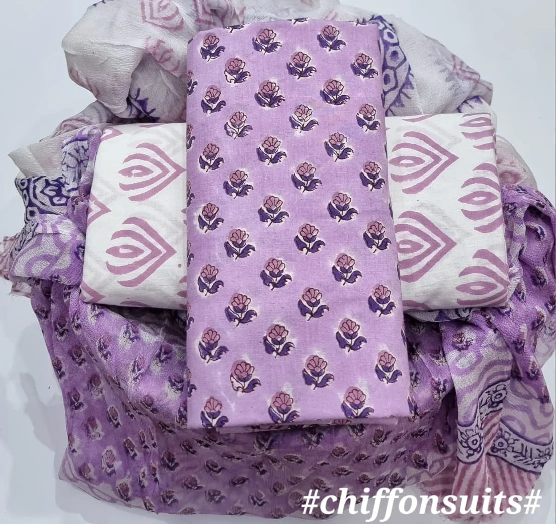 Handblock Printed Purple Cotton Salwar Suit With Chiffon Dupatta