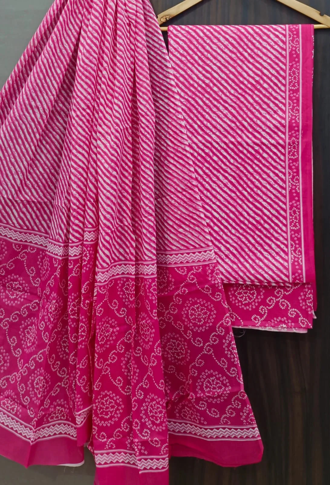Screen Printed Pink Leheriya Salwar Suit With Mulmul Dupatta