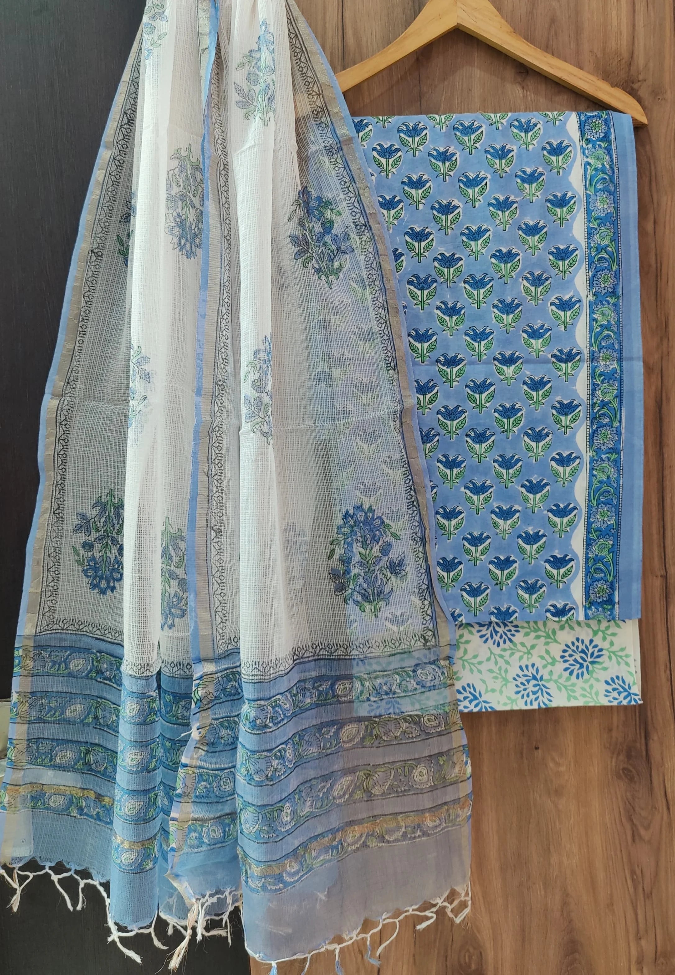 Unstitched Handblock Blue Soft Floral Pure Cotton Suit With Kota Doria Dupatta