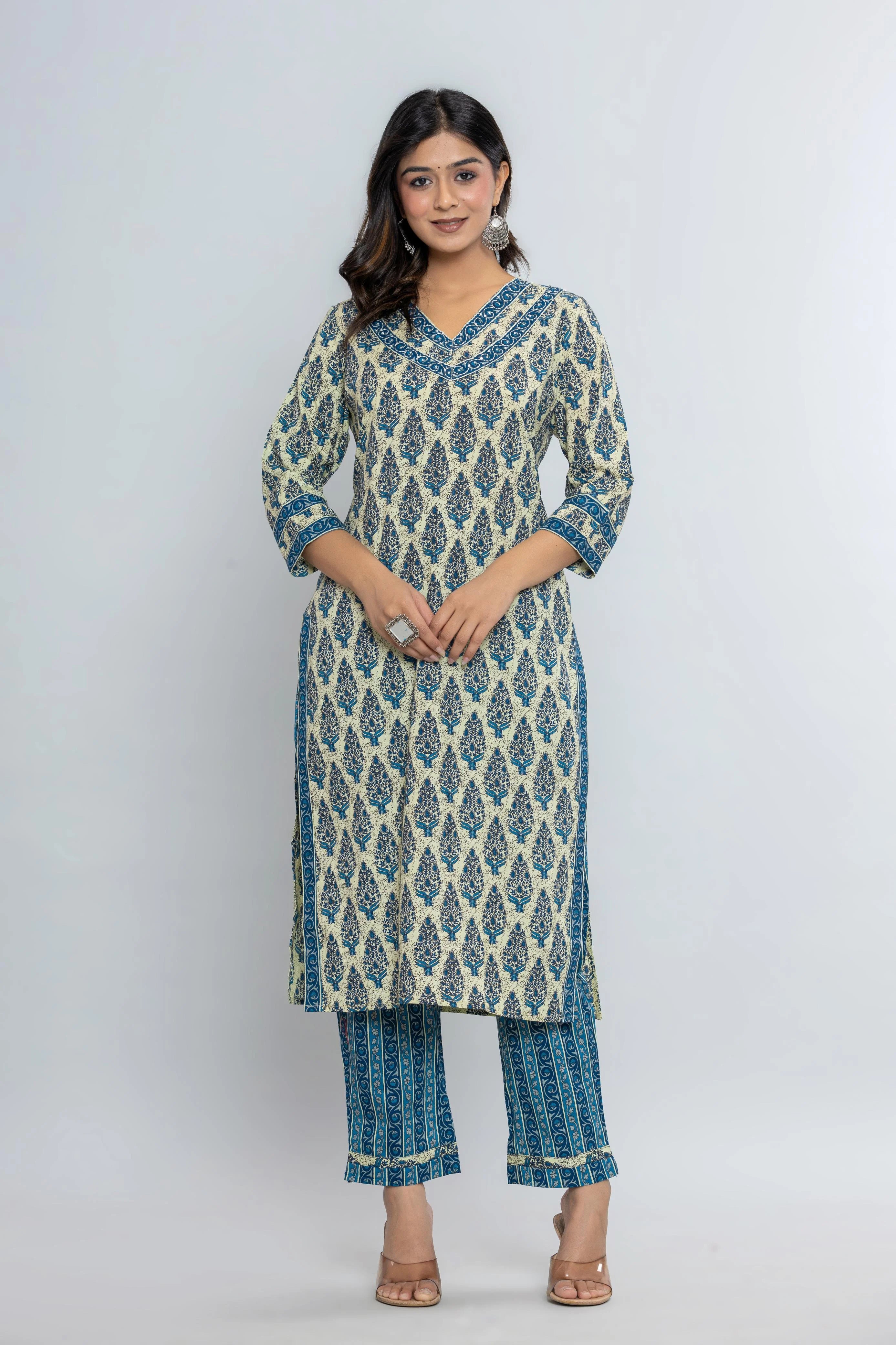 Latest Printed Pure Cotton Straight Kurti Pant Dupatta Set