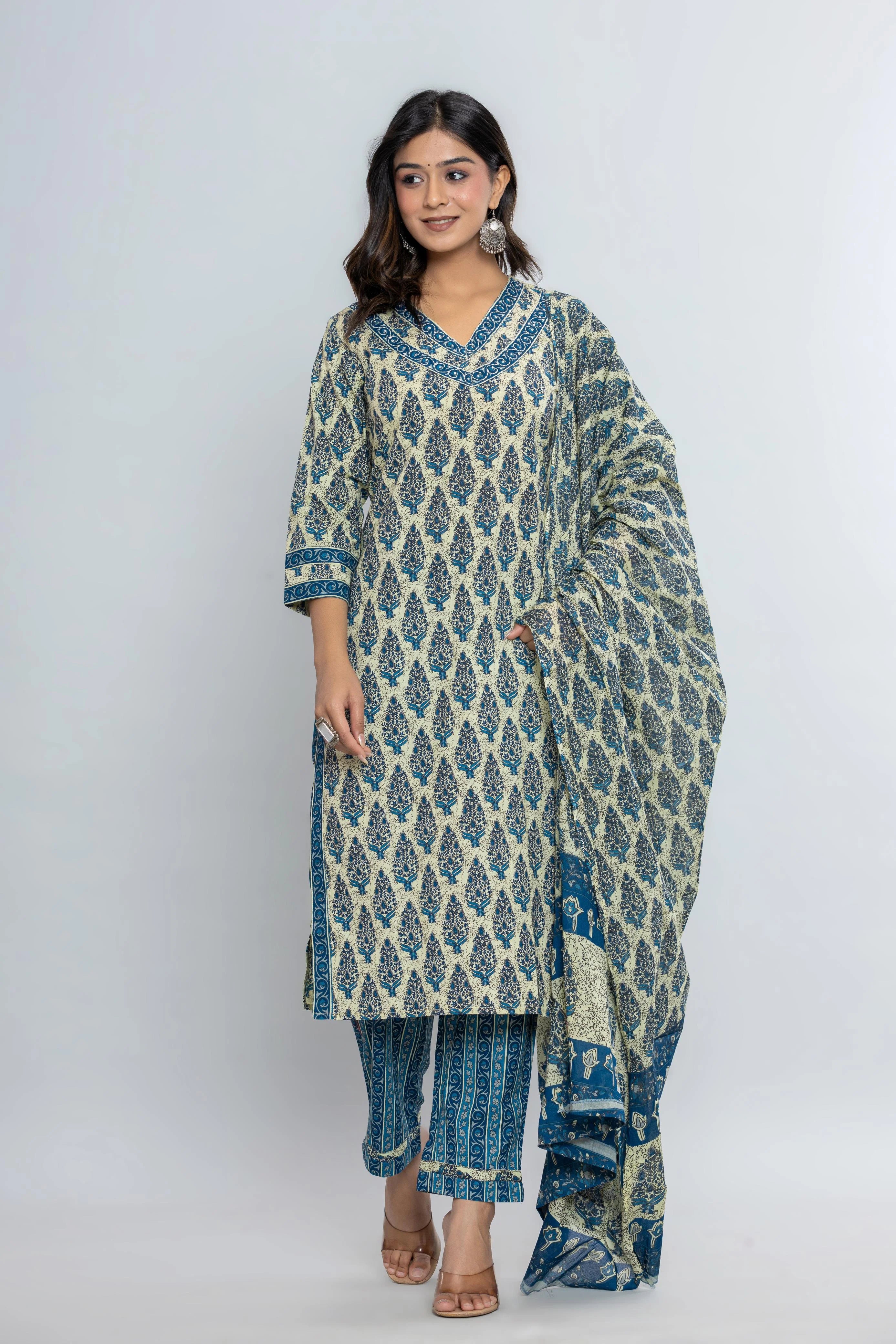 Latest Printed Pure Cotton Straight Kurti Pant Dupatta Set