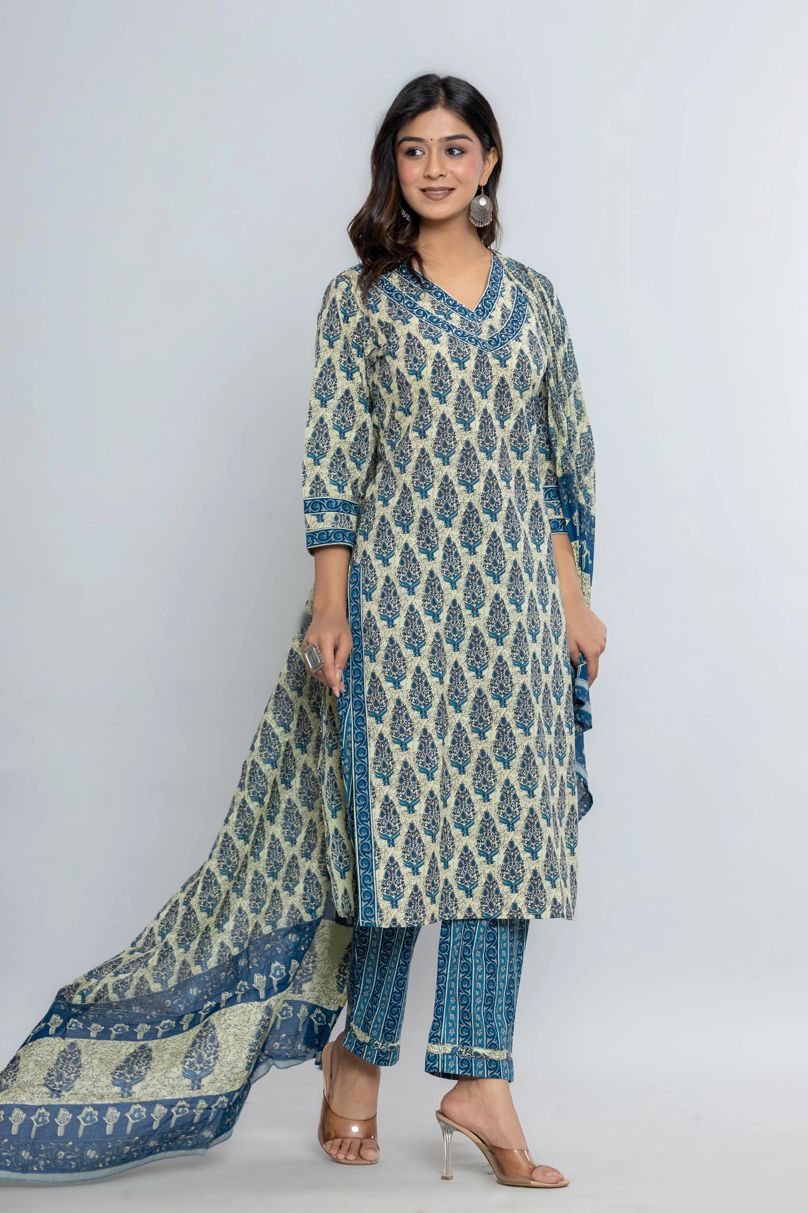 Latest Printed Pure Cotton Straight Kurti Pant Dupatta Set