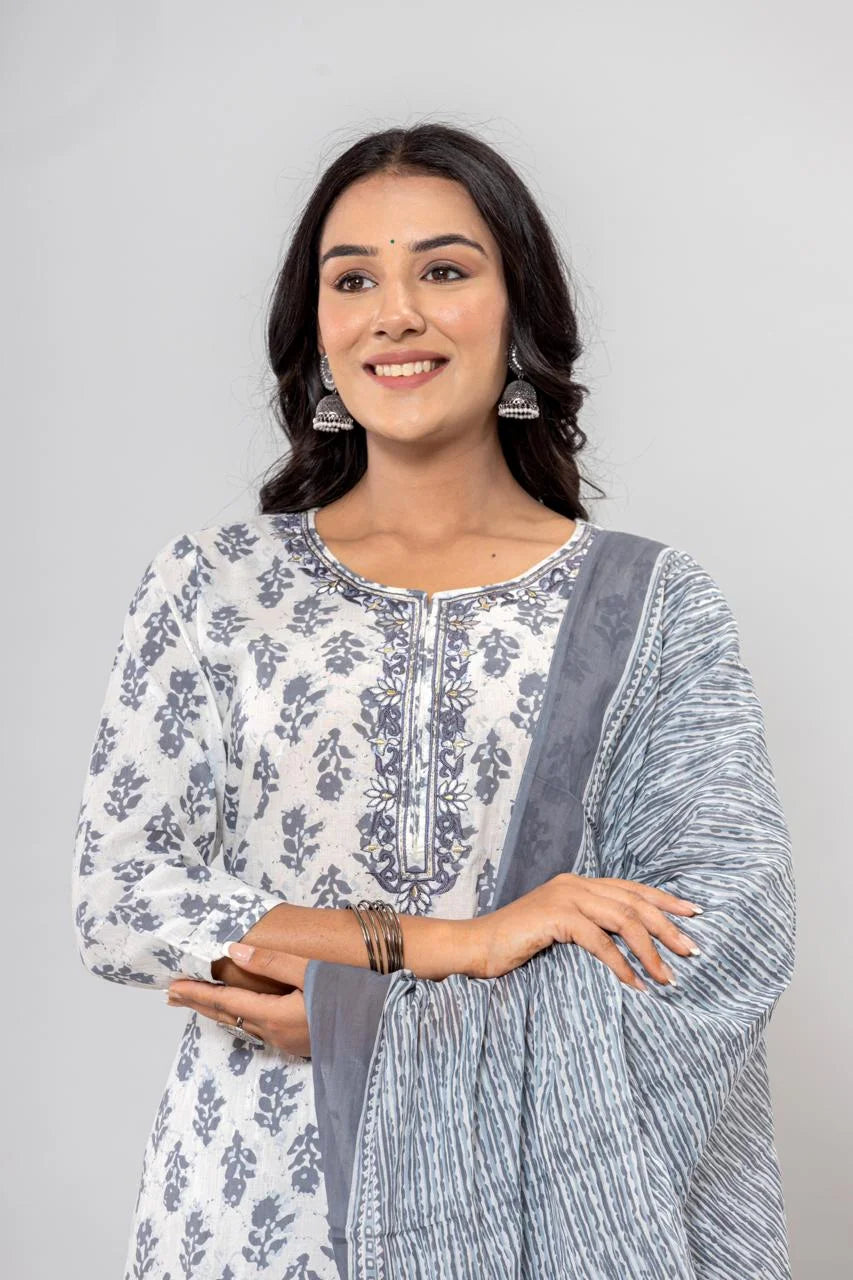 Latest Grey Printed Pure Cotton Straight Kurti Pant Dupatta Set