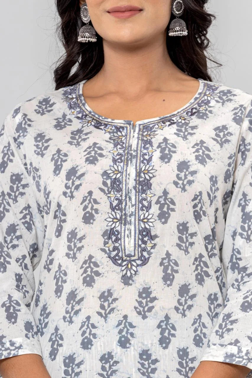 Latest Grey Printed Pure Cotton Straight Kurti Pant Dupatta Set