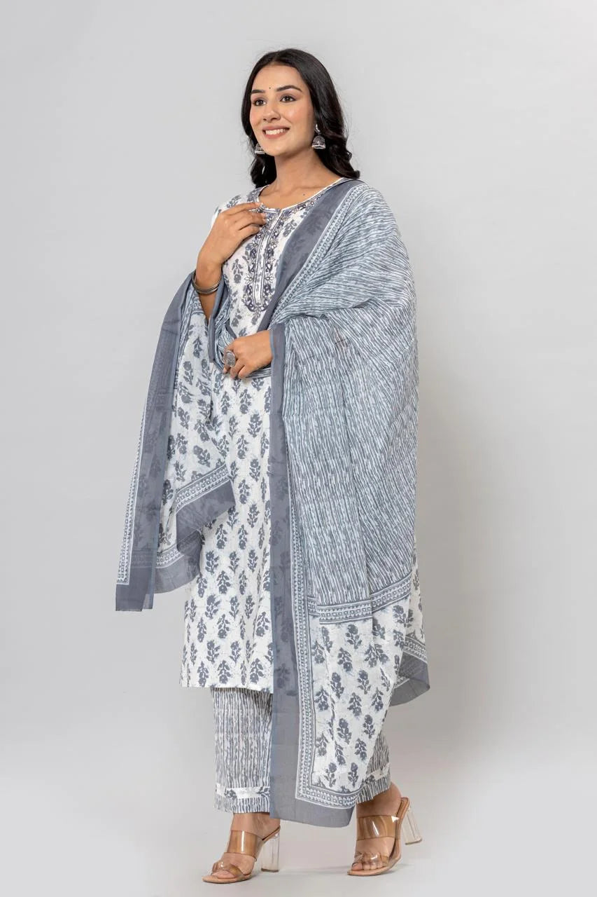 Latest Grey Printed Pure Cotton Straight Kurti Pant Dupatta Set