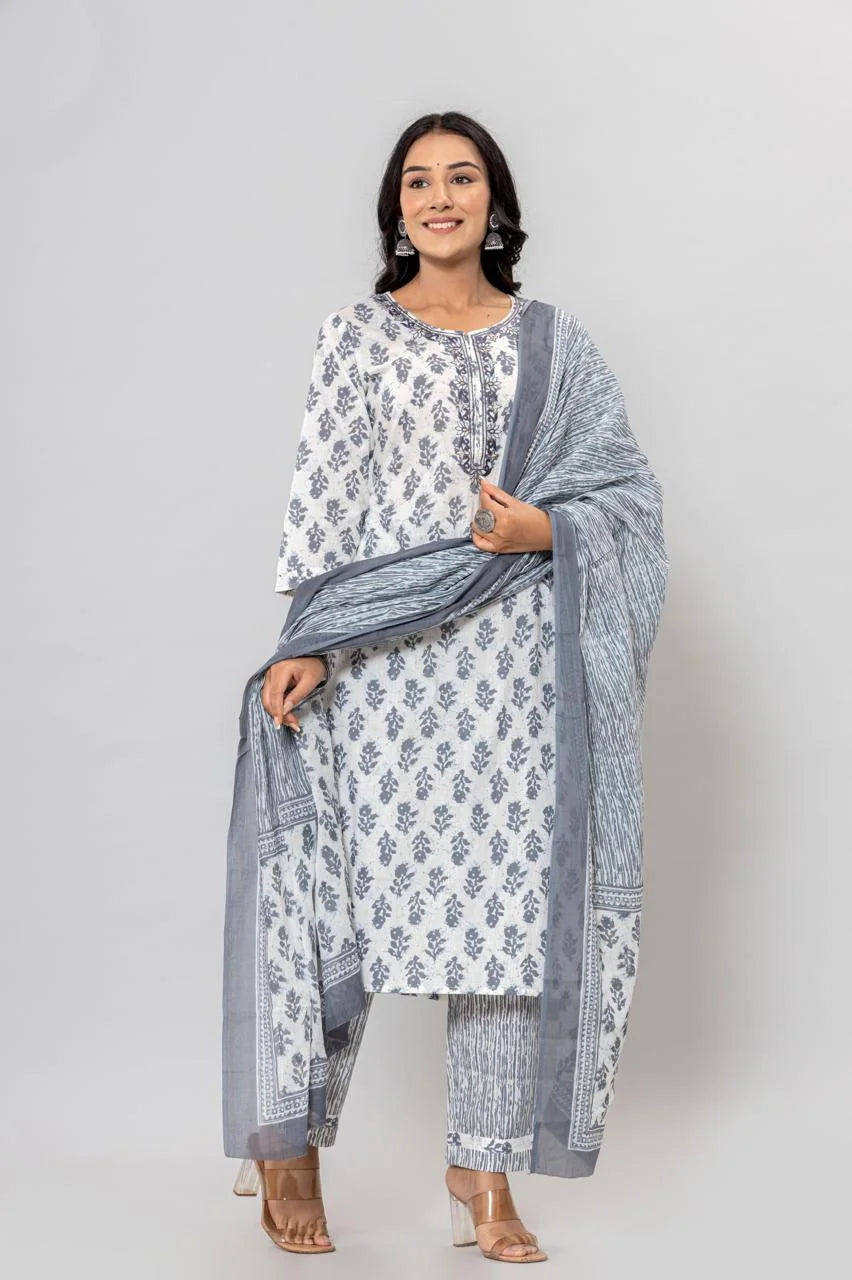 Latest Grey Printed Pure Cotton Straight Kurti Pant Dupatta Set