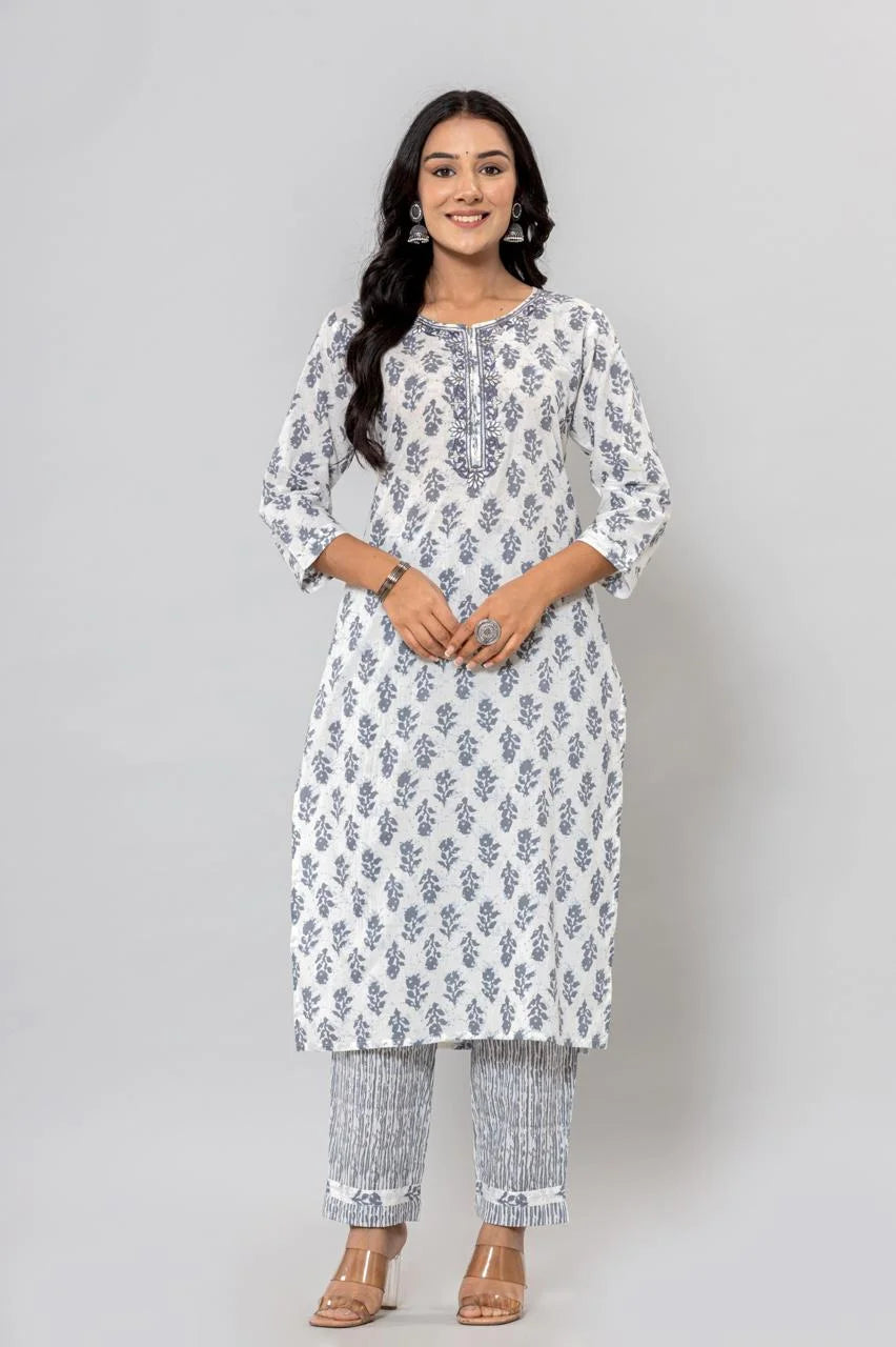 Latest Grey Printed Pure Cotton Straight Kurti Pant Dupatta Set