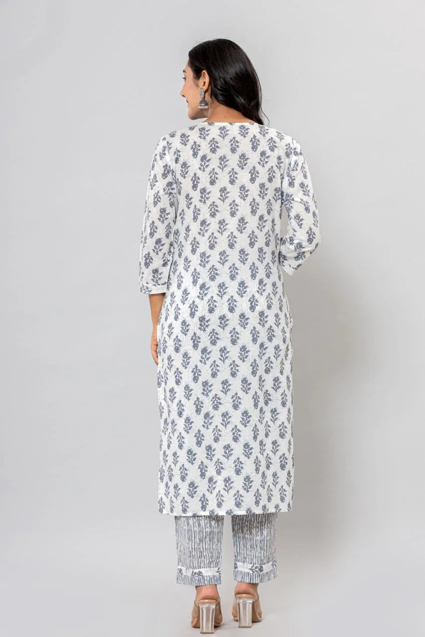 Latest Grey Printed Pure Cotton Straight Kurti Pant Dupatta Set