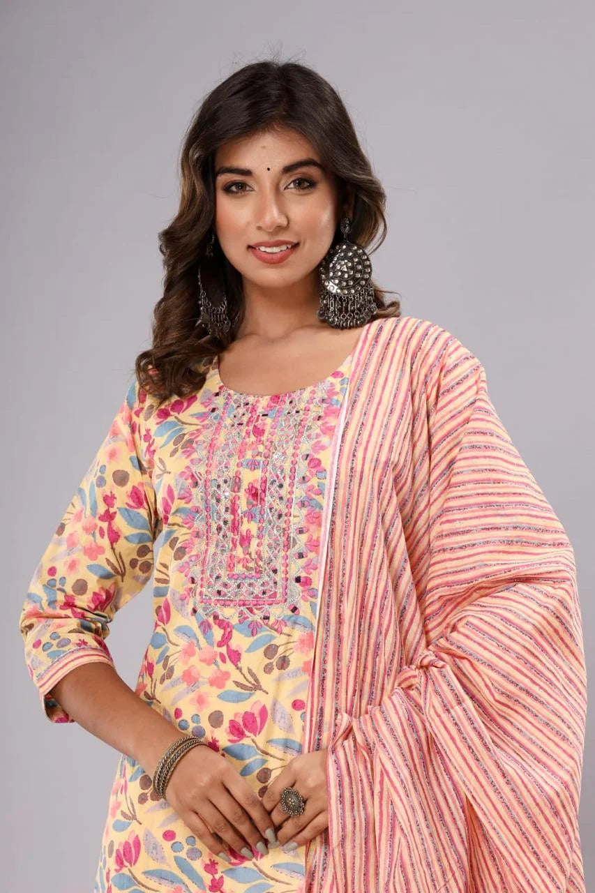 Latest Yellow Printed Pure Cotton Straight Kurti Pant Dupatta Set