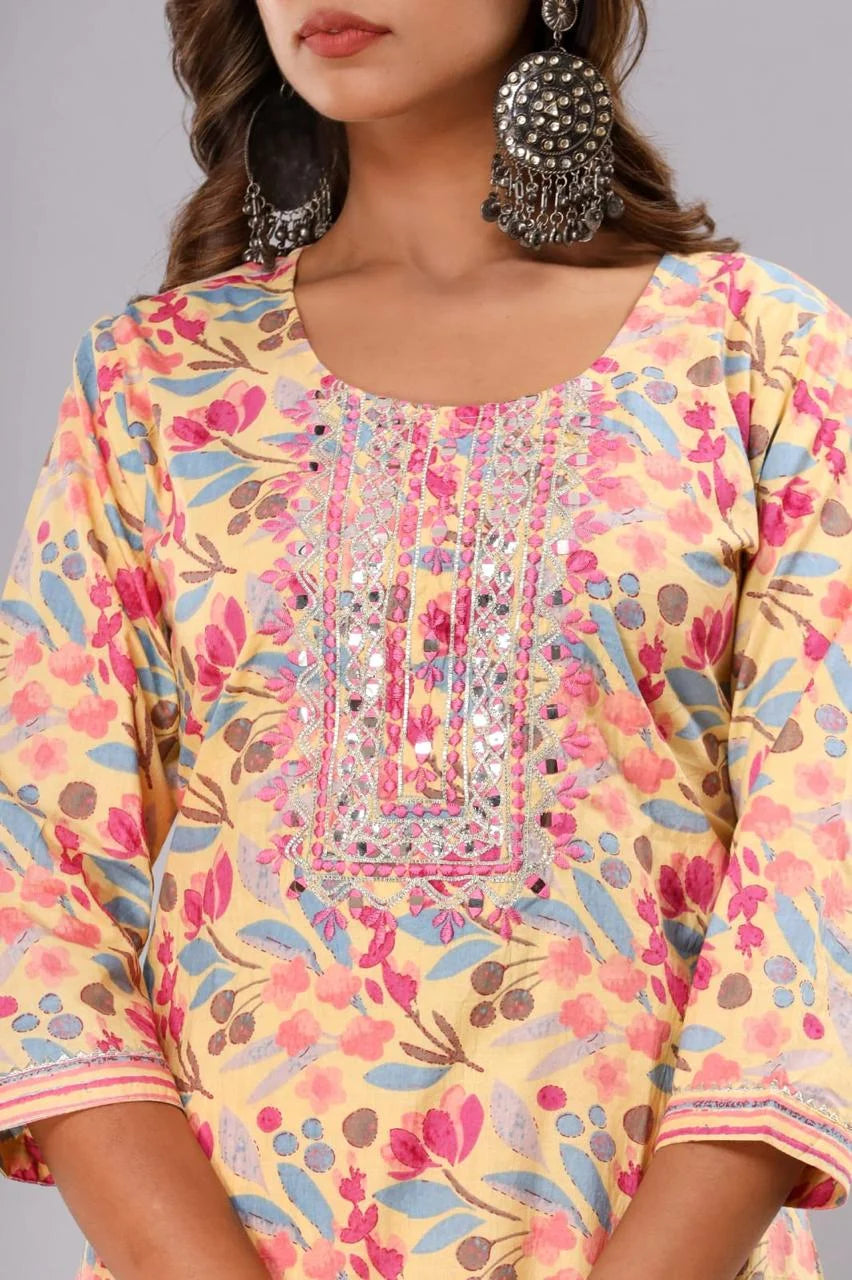 Latest Yellow Printed Pure Cotton Straight Kurti Pant Dupatta Set