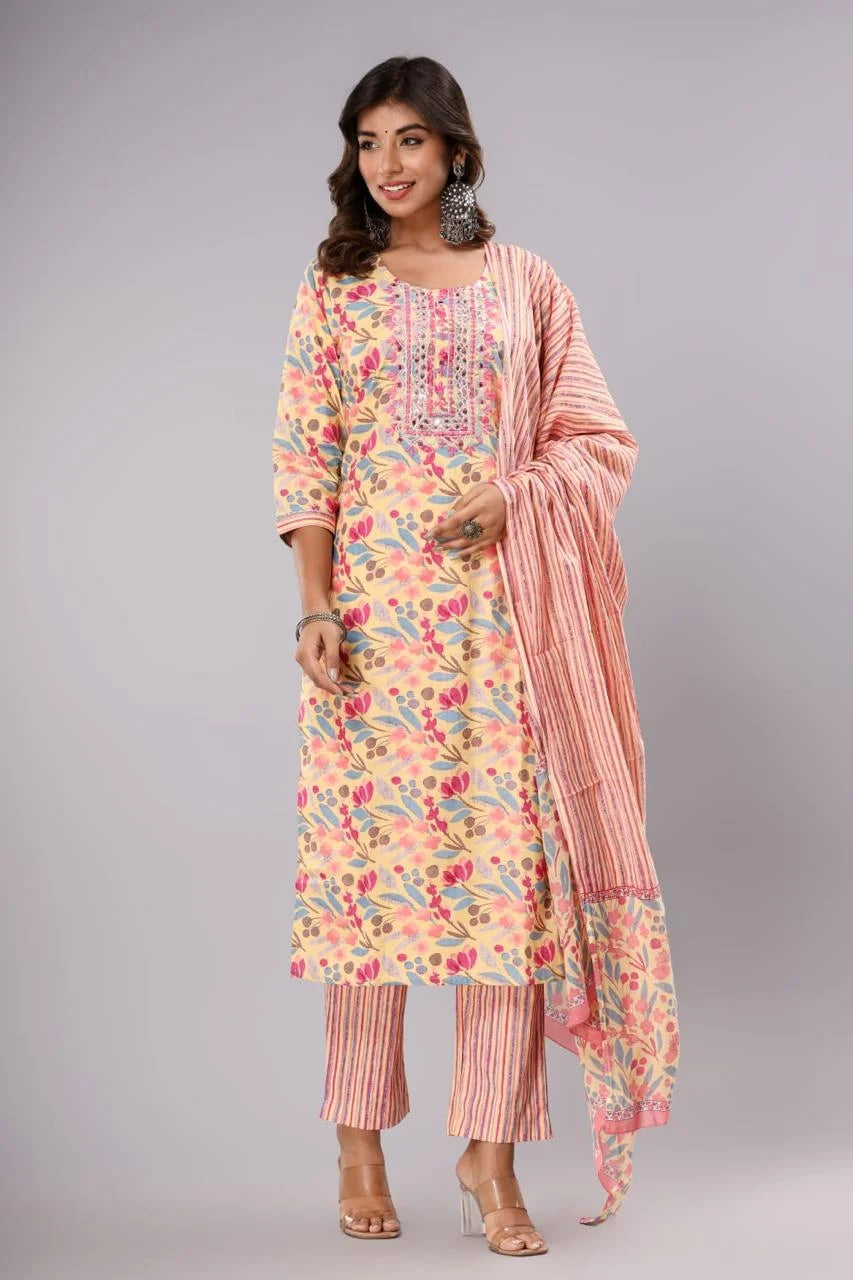 Latest Yellow Printed Pure Cotton Straight Kurti Pant Dupatta Set