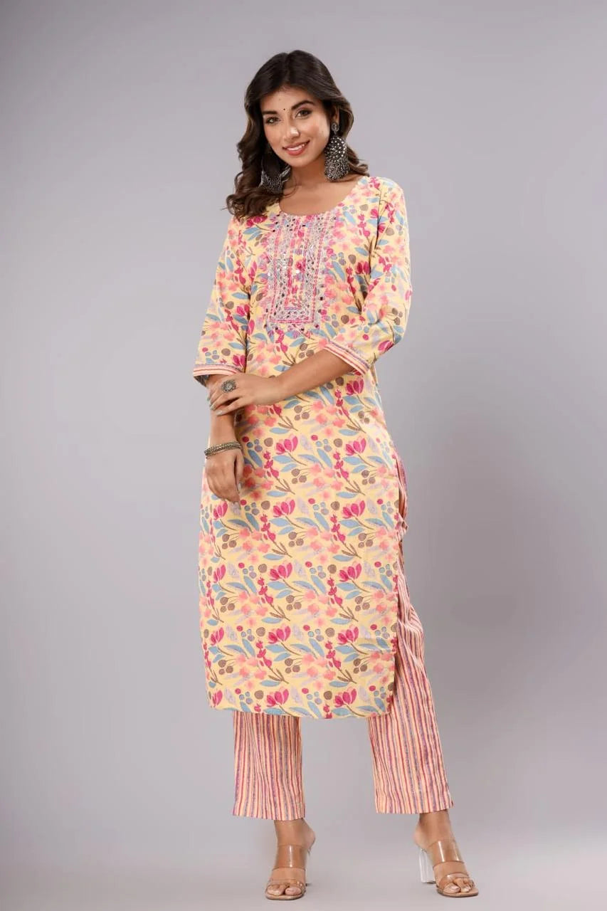 Latest Yellow Printed Pure Cotton Straight Kurti Pant Dupatta Set
