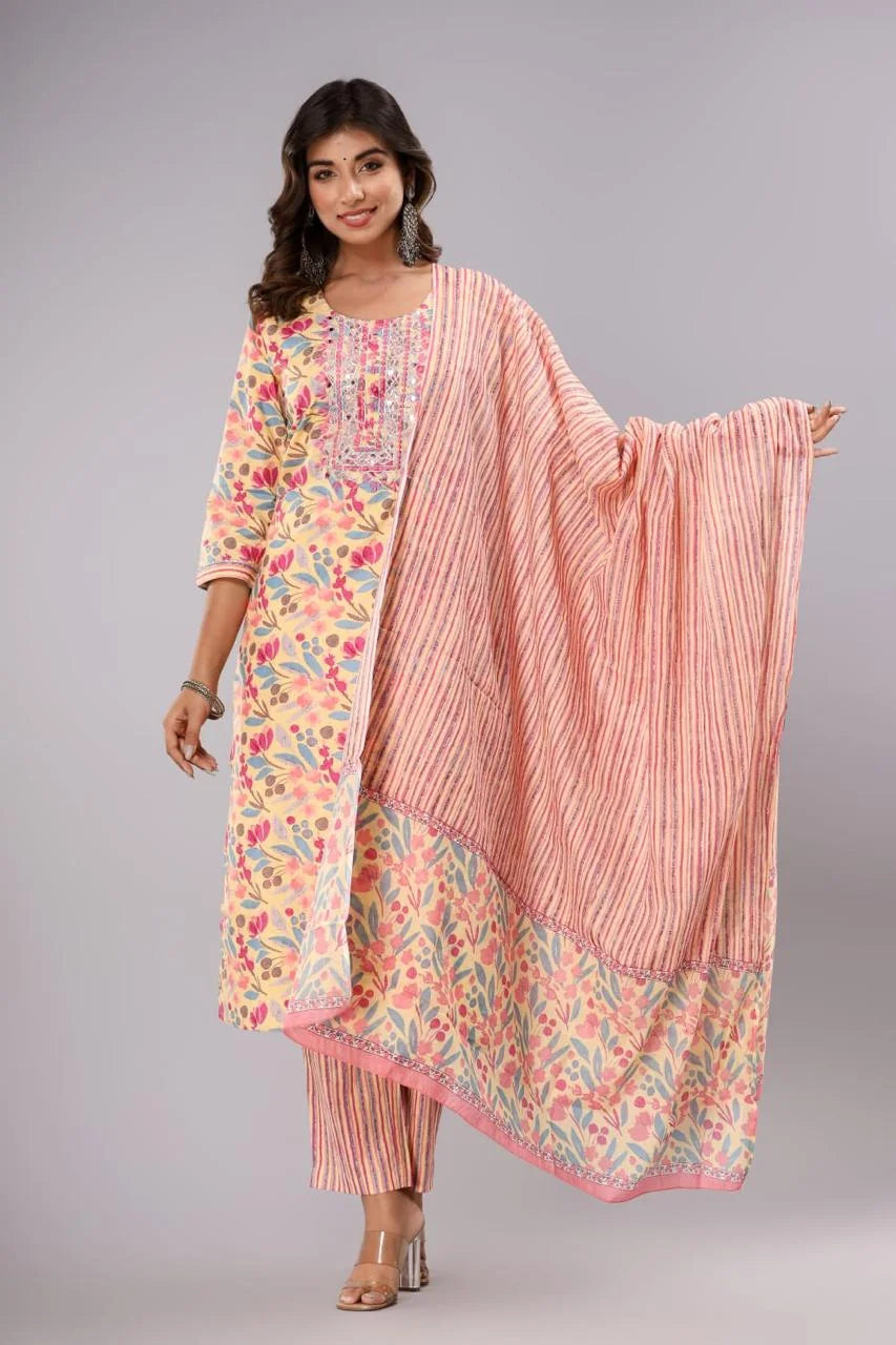 Latest Yellow Printed Pure Cotton Straight Kurti Pant Dupatta Set