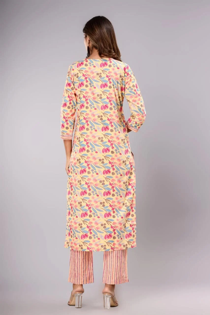 Latest Yellow Printed Pure Cotton Straight Kurti Pant Dupatta Set