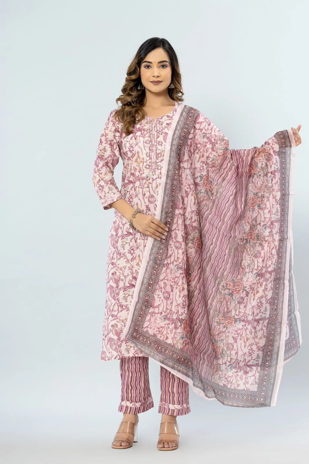 Latest Pink Printed Pure Cotton Straight Kurti Pant Dupatta Set