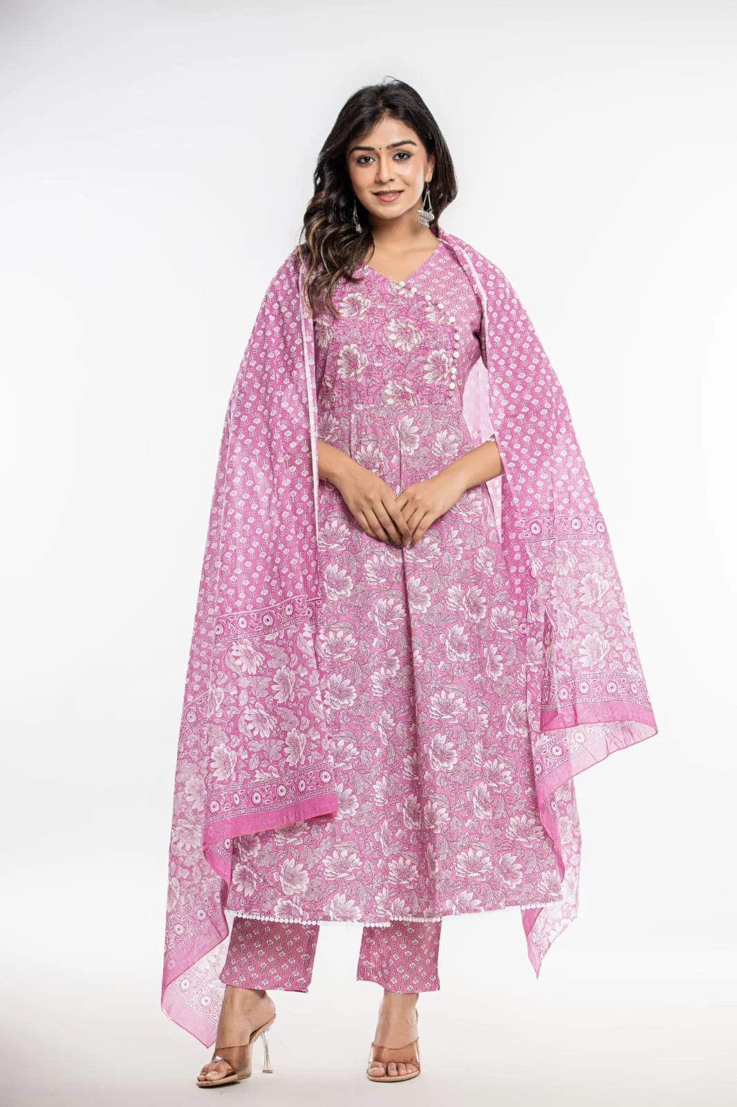 Latest Printed Pure Cotton Umbrella Cut Kurti Pant Dupatta Set