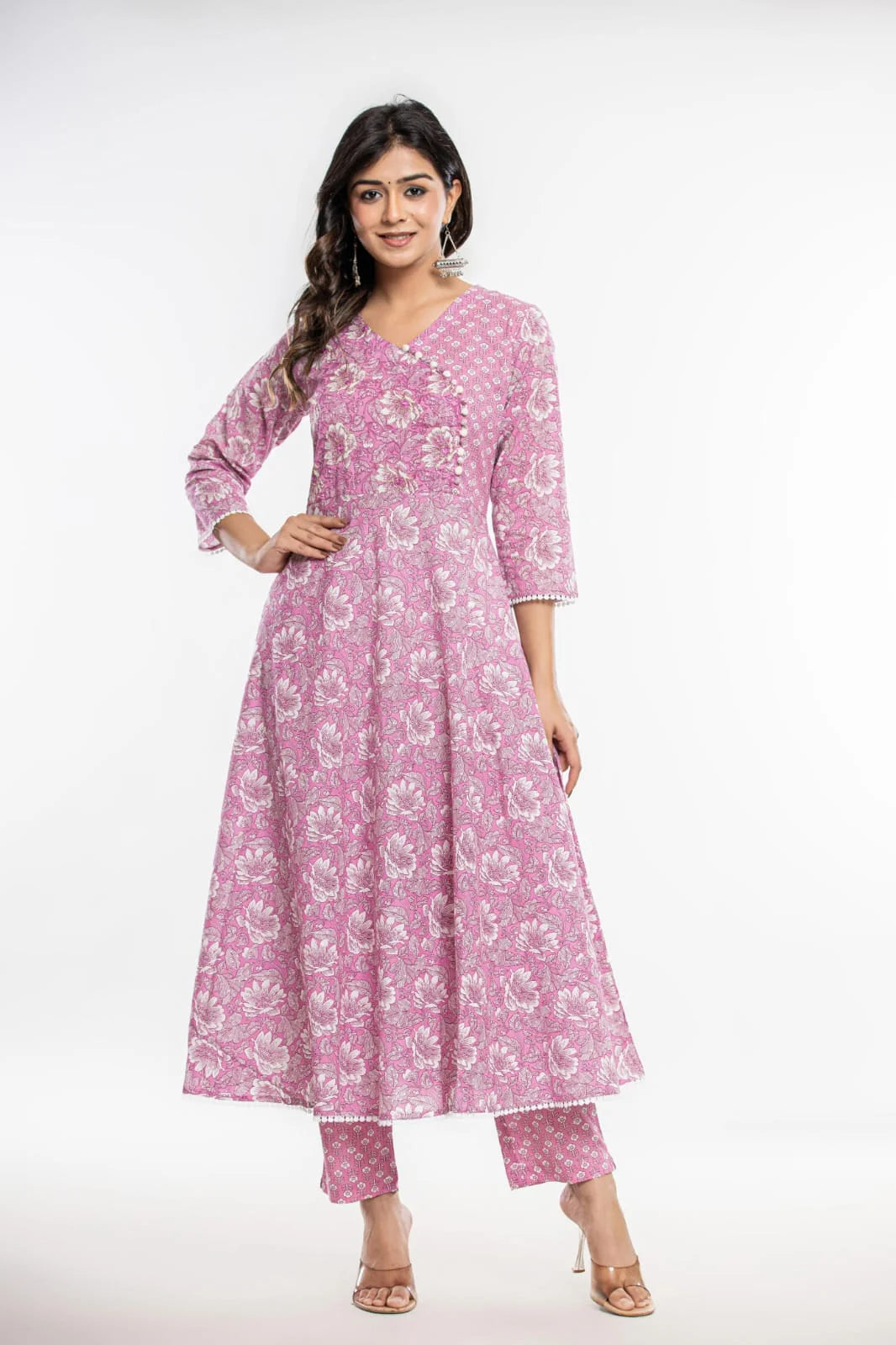 Latest Printed Pure Cotton Umbrella Cut Kurti Pant Dupatta Set